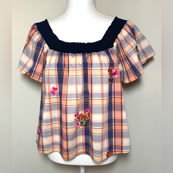 English Factory Embroidered Plaid Flutter Sleeve Top Women Small - Picture 1 of 7